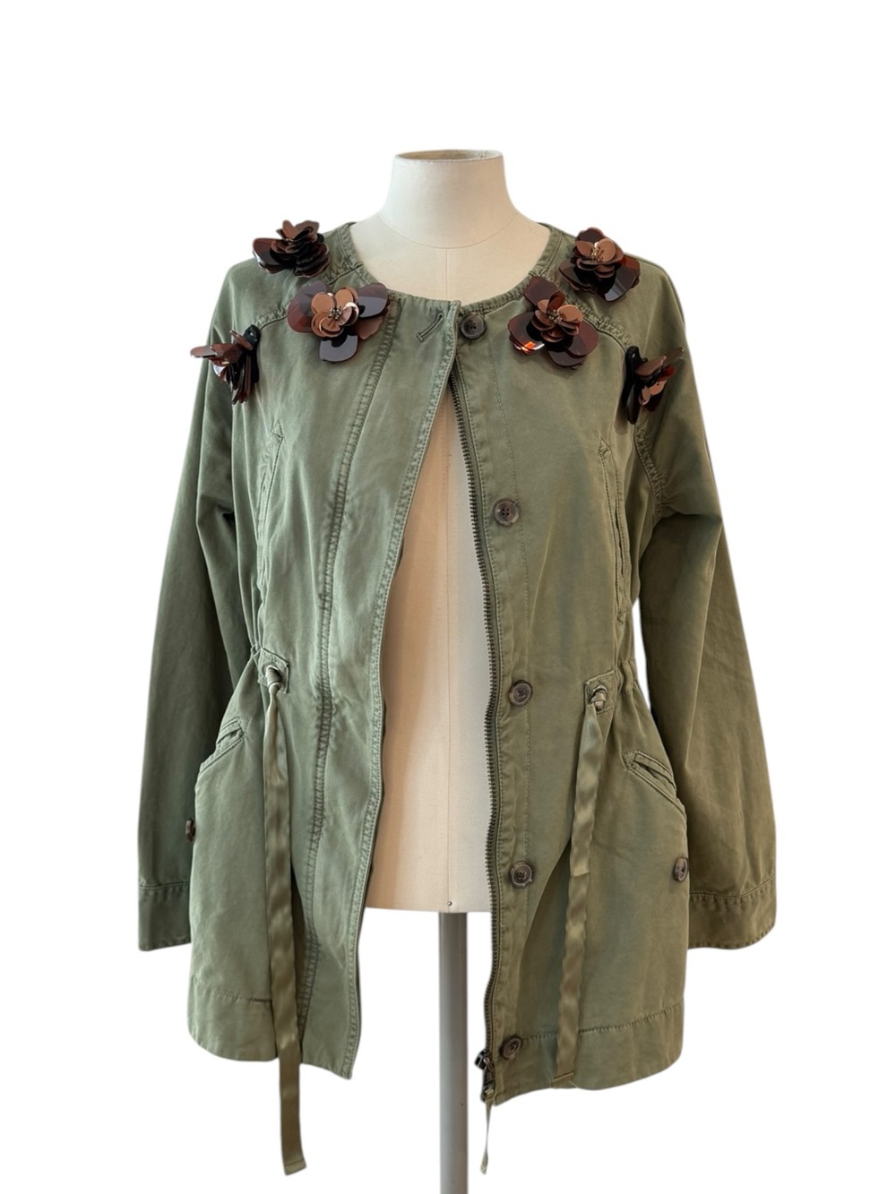 Banana Republic Olive Green Floral Appliqué Utility Military Jacket size XS